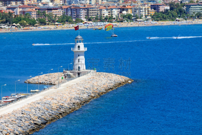 灯塔楼,土耳其,海港,阿拉尼亚,伦敦城,水,夏天,都市风景,高处,海滩