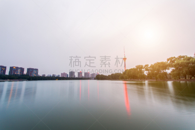 北京,玉渊潭公园,中央电视塔,水,天空,水平画幅,樱花,无人,户外,彩色图片