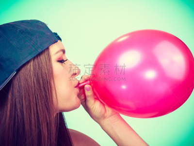 气球,红色,少女,个人随身用品,青少年,女人,风,水平画幅,巨大的,生日