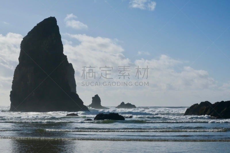 卡农海滩,水,干草堆岩,俄勒冈州,俄勒冈郡,奥勒冈海滨,美国,水平画幅,无人,户外