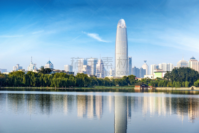 现代,城市天际线,城市,济南,全景,水,天空,新的,市区路,湖
