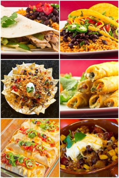 墨西哥食物,抽象拼贴画,墨西哥肉卷,墨西哥菜,辣玉米片,鸡肉卷,玉米粉圆饼,玉米饼,墨西哥椒,酸奶油