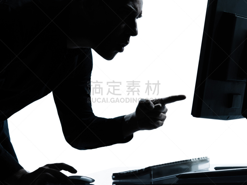 男商人,计算机,使用电脑,不高兴的,一个人,水平画幅,侧面像,剪影,威胁,诉苦