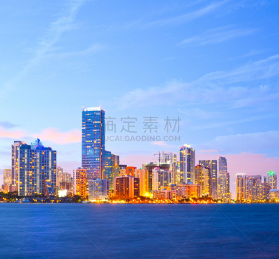 色彩鲜艳,全景,城市,迈阿密,佛罗里达,夜晚,水平画幅,无人,大西洋,比斯坎湾海湾