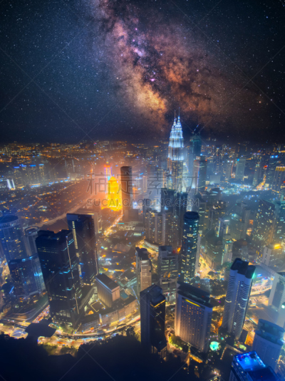 天空,星系,夜晚,马来西亚,吉隆坡,都市风景,商务,城市天际线,城市,航拍视角
