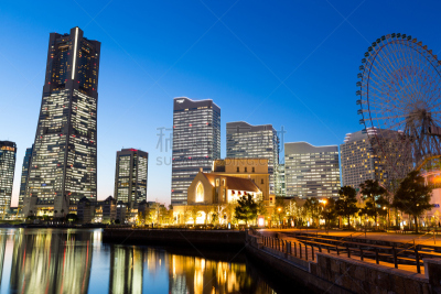 横滨,城市,夜晚,水,水平画幅,无人,户外,滨水,都市风景,现代