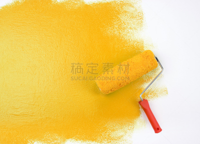 滚刷,黄色,留白,新粉刷的,水平画幅,墙,涂料,图像,室内,白色