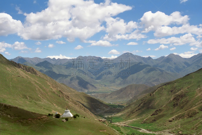 山,佛塔,白色,绿色,天空,风,水平画幅,朝拜者,传统,树荫