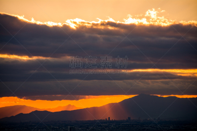 日本,黄昏,居住区,东京湾,山脉,横滨,富士山,天空,水平画幅,无人