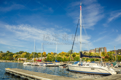 栈桥码头,有帆船,停泊的,佛蒙特,绳子,新英格兰,游艇,海港,云,公园