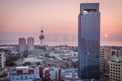 全景,科威特,黎明,水塔,波斯湾,著名景点,户外,天空,建筑,晴朗