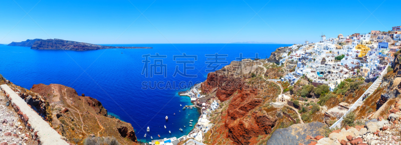 城镇,房屋,海港,圣托里尼岛,全景,多色的,海湾,欧伊雅,水,天空