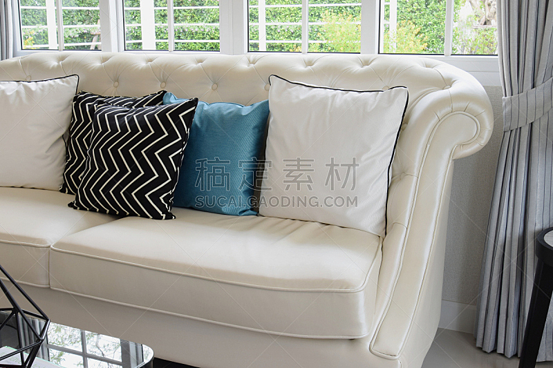 沙发,皮革,枕头,蓝色,白色,窗帘,家庭,华贵,舒服,椅子