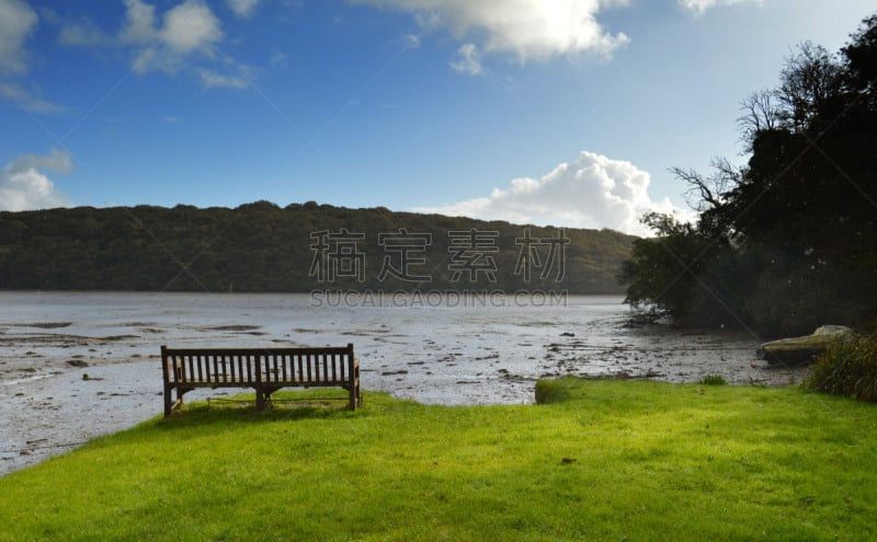 长椅,滩涂,看风景,座位,康沃尔,水平画幅,绿色,无人,椅子,偏远的