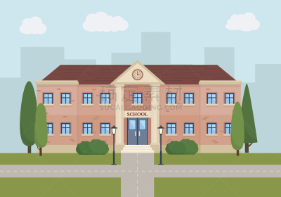 未成年学生,校舍,学校,绘画插图,符号,钟,想法,建筑业,白色