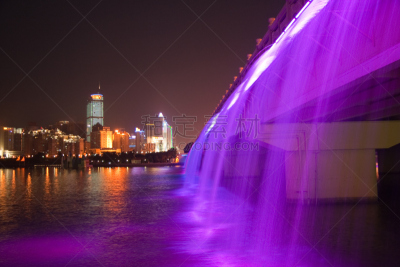 湖,桥,南,水,南宁,水平画幅,夜晚,瀑布,无人,人造