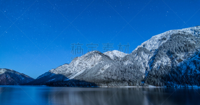 水,天空,水平画幅,林区,夜晚,雪,无人,月亮,湖,明亮