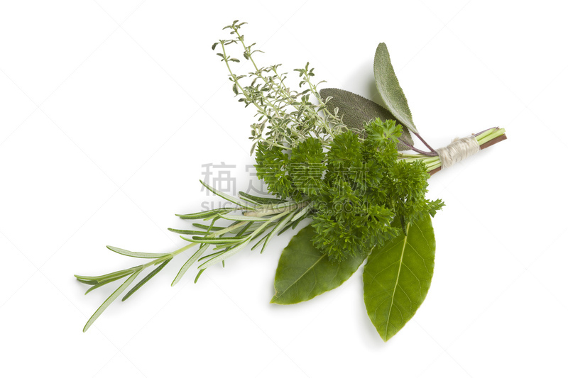 bouquet garni,水平画幅,无人,白色背景,鼠尾草,线绳,柠檬百里香,影棚拍摄,草本,月桂树叶