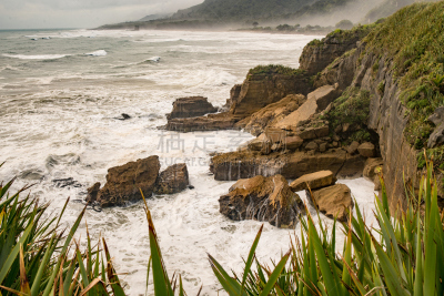 岩层,石灰石,punakaiki,海岸线,水,天空,薄饼岩,水平画幅,云,呼吸孔