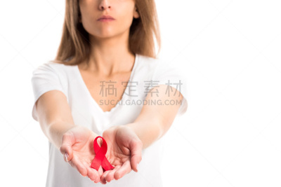图像,世界艾滋病日,拿着,手,部分,分离着色,概念,艾滋病警示丝带,白色,女人