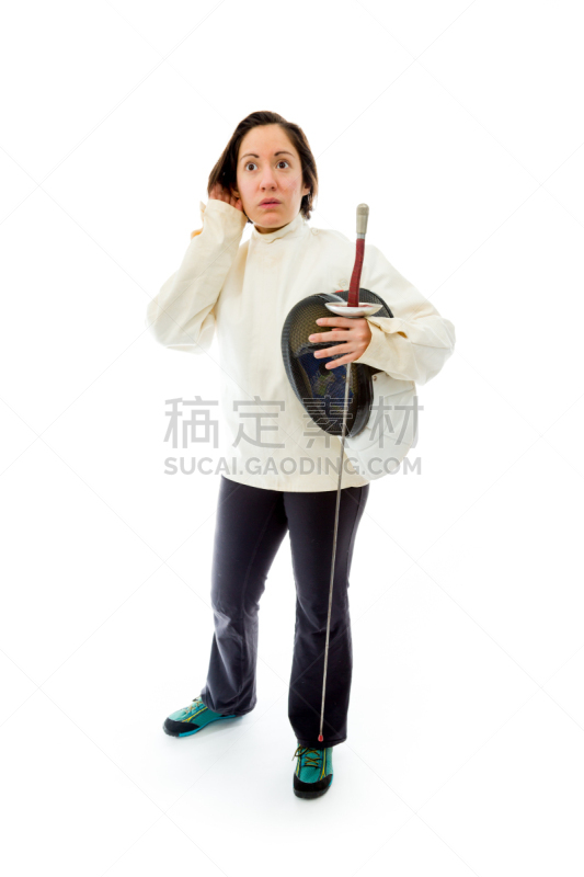 努力,女性,击剑头盔,手捂耳,箔击剑,沟通障碍,捧着,防护面罩,人的耳朵,垂直画幅