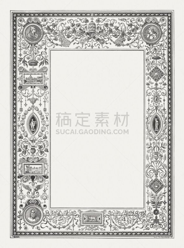 Renaissance ornament frame with Roman motifs, wood engraving, published 1884