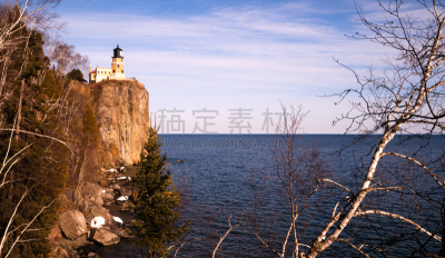 苏必利尔湖,斯普利特岩灯塔,明尼苏达,美国,天空,水平画幅,无人,户外,灯塔楼,湖