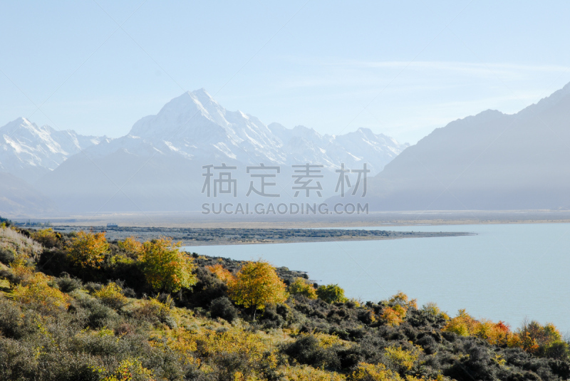 库克山,秋天,新西兰,普卡基湖,库克山国家公园,新西兰南岛,天空,水平画幅,无人,早晨