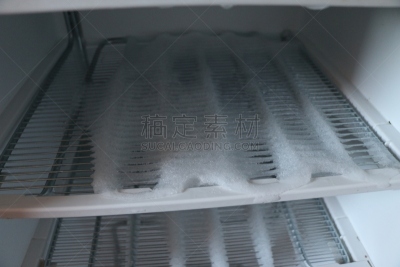 雪,架子,开着的,冰柜,冰箱,冰,冻结的,门,覆盖,融化