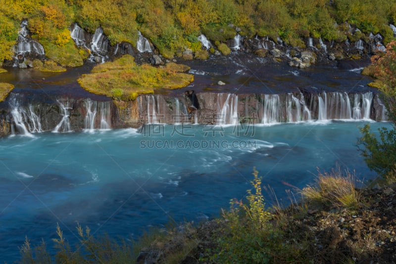 瀑布,秋天,华丽的,水,美,水平画幅,无人,hraunfossar,户外,冰岛国