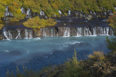 瀑布,秋天,华丽的,水,美,水平画幅,无人,hraunfossar,户外,冰岛国