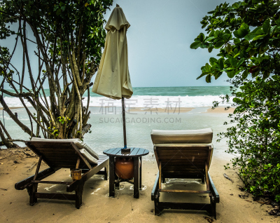 泰国,甲米,水边,sun lounger,遮阳伞,两只动物,蓝塔岛,色彩增强,深焦镜头,影像年代