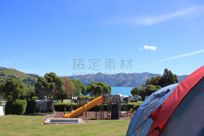 新西兰,akaroa,水,天空,水平画幅,云,山,无人,室外游戏器具,户外