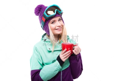 滑雪服,紫色,女人,拿着,红色,杯,青年人,国际网球联合会,非滑雪场地的滑雪