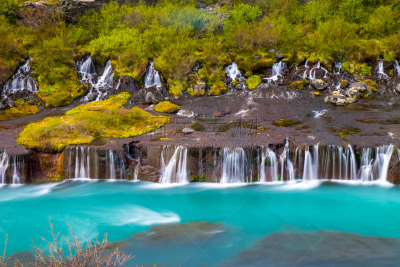 hraunfossar,冰岛国,水,美,水平画幅,瀑布,无人,火山地形,当地著名景点,夏天