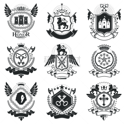 符号,华丽的,十字军东征,月桂树,五边形,剑,复古风格,动物,奖,标签