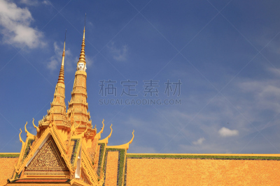柬埔寨,金边,屋顶,天空,水平画幅,建筑,无人,宫殿,蓝色,天女