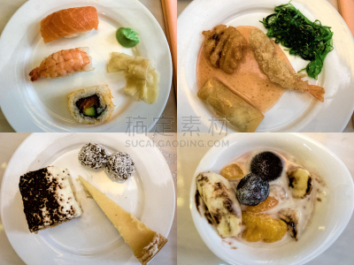 寿司,盘子,餐馆,甜点心,东方食品,四个物体,蛋糕,膳食,日本食品,食品