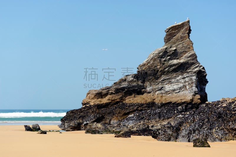 白度杉台阶,柱状岩石,留白,康沃尔,水平画幅,沙子,无人,大西洋,英格兰,夏天