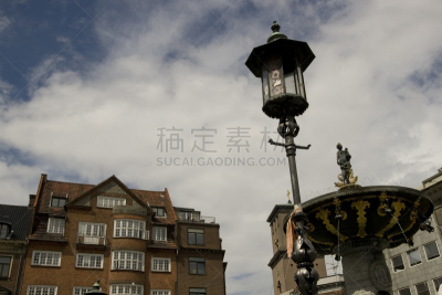 哥本哈根,宫殿,天空,古董,灯笼,水平画幅,19世纪风格,无人,喷泉,跌倒