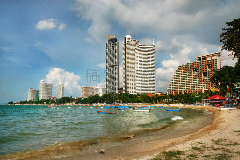 芭堤雅,泰国,水平画幅,无人,小旅馆,户外,城市,船,海洋,都市风景