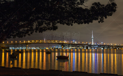 夜晚,奥克兰海港大桥,水,天空,天空塔,城市扩张,曙暮光,夏天,滨水,都市风景