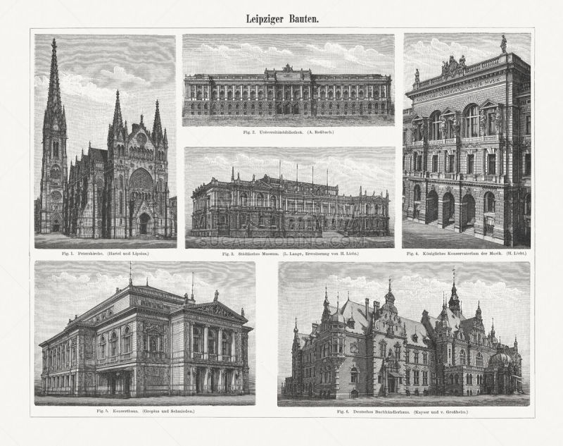 Leipzig's representative buildings from the past: 1) St. Peter (Peterskirche); 2) University Library; 3) Municipal Museum (Augustusplatz); 4) Royal Conservatory of Music (Glassistraße); 5) Concert house (2nd Gewandhaus - destroyed in World War II); 6) Ger