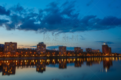 夜晚,河流,城市,顿涅茨克,水平画幅,无人,海港,户外,都市风景,商业金融和工业