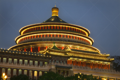 夜晚,四川省,重庆,人民广场,水平画幅,灯,非凡的,都市风景,门厅,国际著名景点