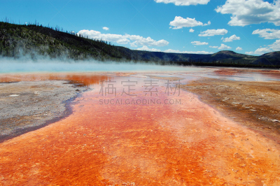 大棱镜泉,黄石公园,细菌垫,中途间歇泉盆地,火山学,藻青菌,天空,美国西部,国家公园,水平画幅