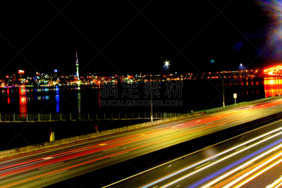 奥克兰,城市天际线,水平画幅,夜晚,无人,交通,户外,都市风景,多车道公路,著名景点