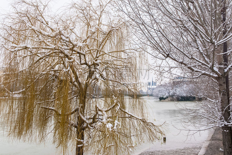 雪,风景,水灾,塞纳河,巴黎,在下面,纪念碑,水,天空,古老的