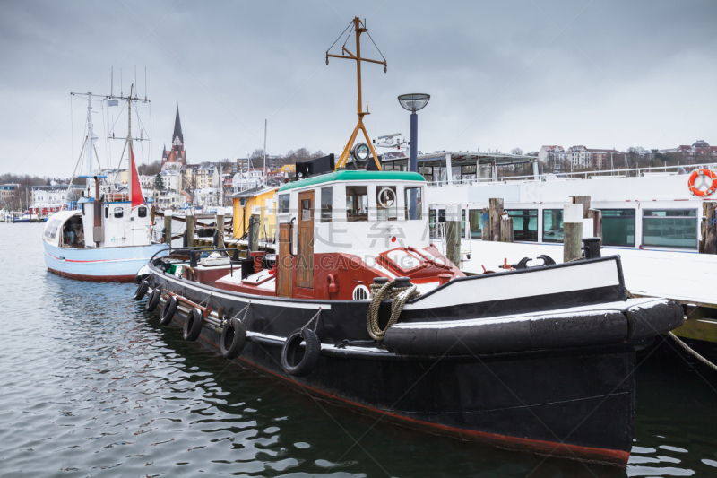 Boats moored in marina of Flensburg, Germany