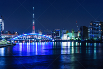 夜晚,东京,译太电桥,天空树,river sumida,微波塔,东京天空树,水平画幅,无人,户外